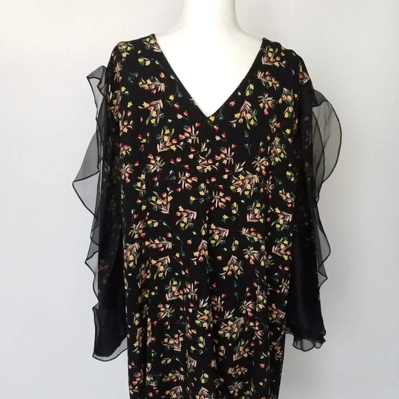 Second Sight Women Black Floral Casual Short Dress Long Sleeve Ruffles Size 7 - Picture 6 of 9